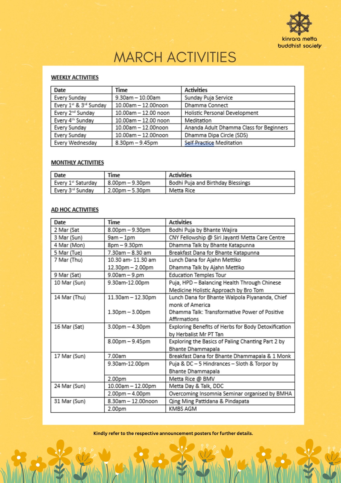 Monthly Activity List – Kinrara Metta Buddhist Society (KMBS)